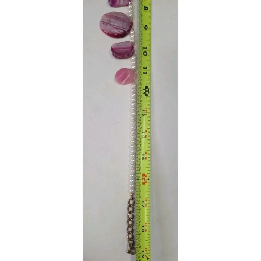 Statement Necklace With Pink Dyed Agate Slice Pendants On White Faux Pearls